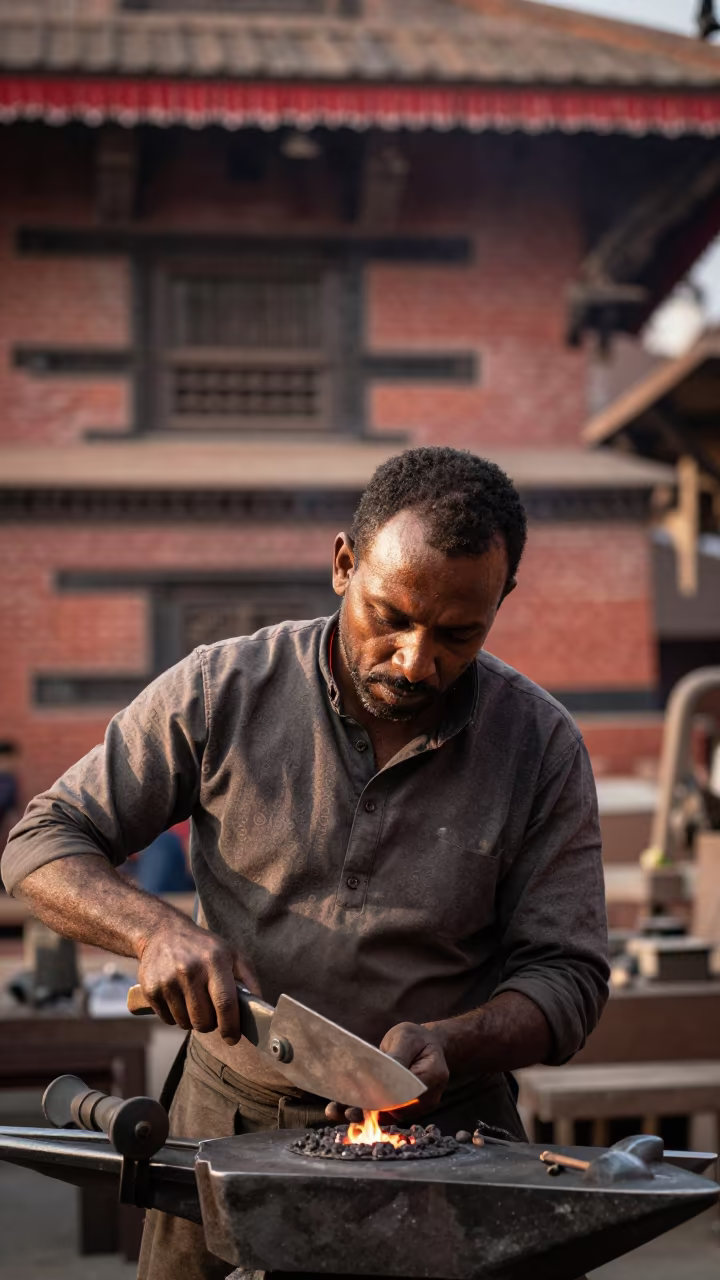 Blacksmith Portrait in Kathmandu Textile Atelier in inside a textile atelier in Kathmandu