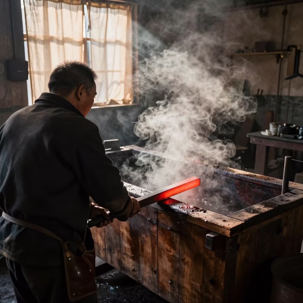 Blacksmith Quenches Blade in Beijing Loft in in a warehouse loft in Beijing