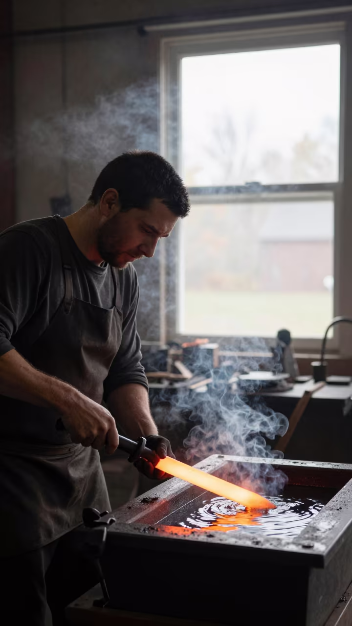 Blacksmith Quenches Blade in Buffalo Atelier in in an atelier in Buffalo