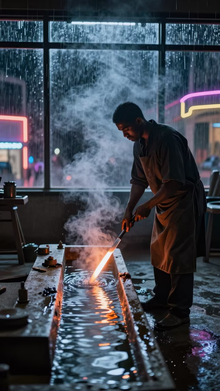 Blacksmith Quenches Blade in Jeddah Studio in in a studio in Jeddah