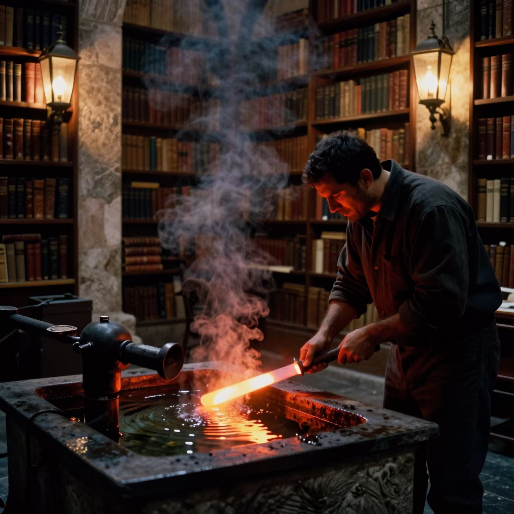 Blacksmith Quenching Blade in Istanbul Library in in a library reading room in Istanbul