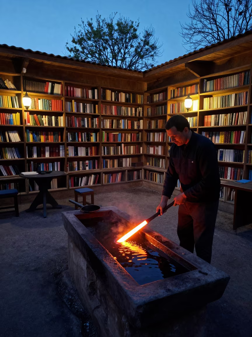 Blacksmith Quenching Blade in Ouargla Library in in a library reading room in Ouargla