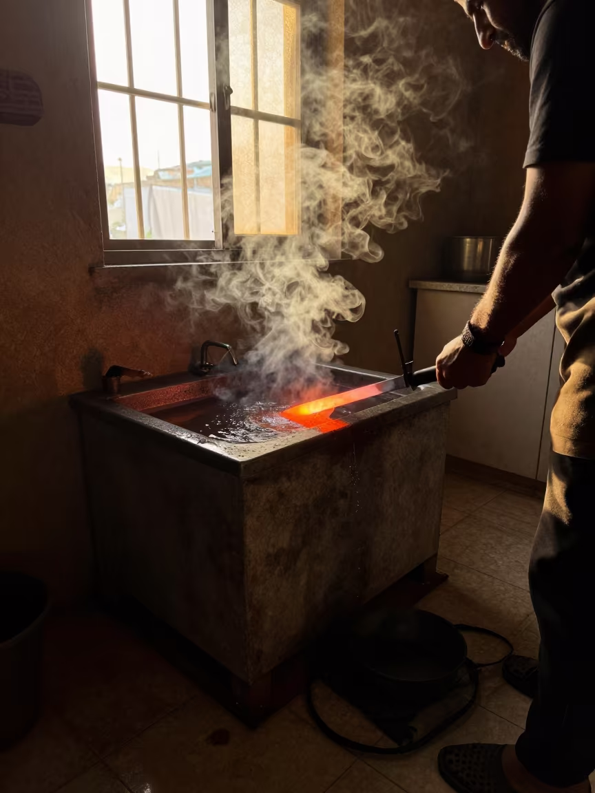 Blacksmith Quenching Blade in Safi Kitchen in in a kitchen in Safi