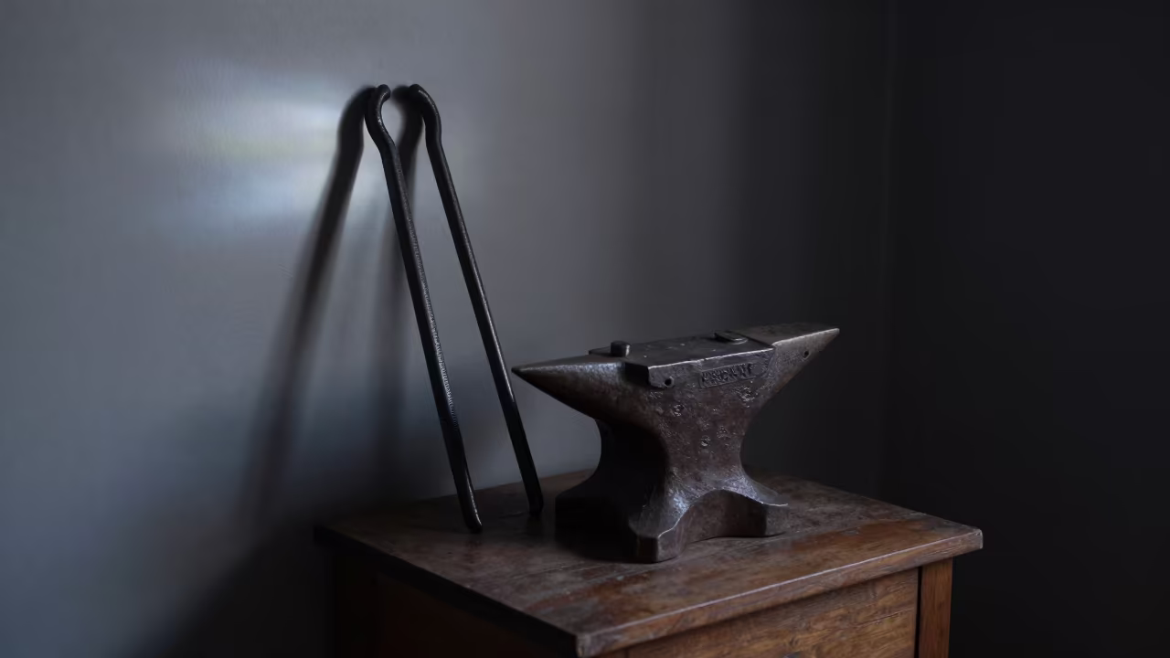 Blacksmith Tongs on Bikaner Bedside Table in on a bedside table in Bikaner
