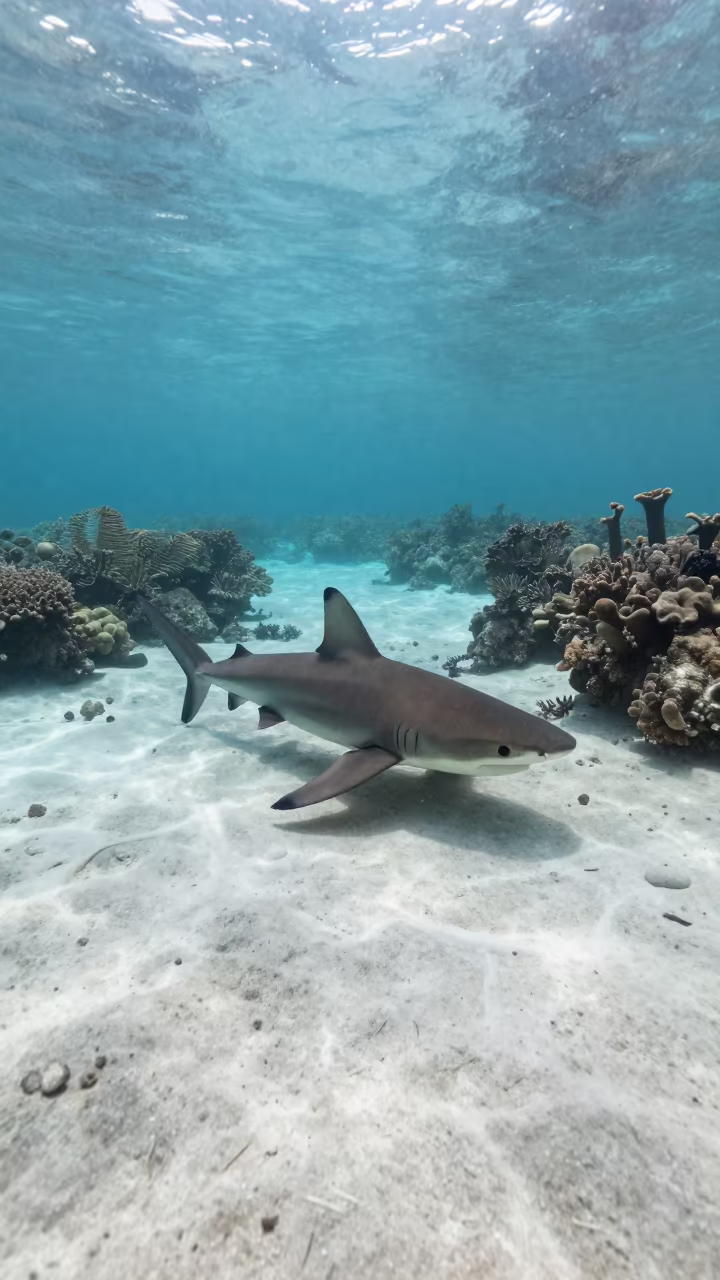 Blacktip Reef Shark Belize Shallow Water in beside a reef crevice under clear water near Belize City