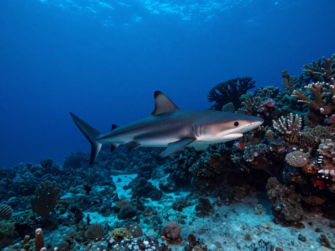 Blacktip Reef Shark Patrolling Coral Flats Belize in along a coral wall with blue water beyond near Belize City