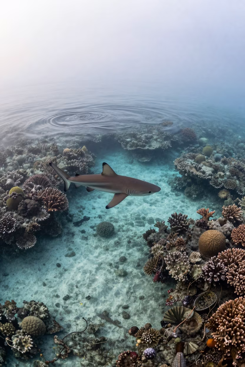 Blacktip Reef Shark Drifting Beneath Coral Flats in beneath a reef ledge in tropical shallows near Denpasar
