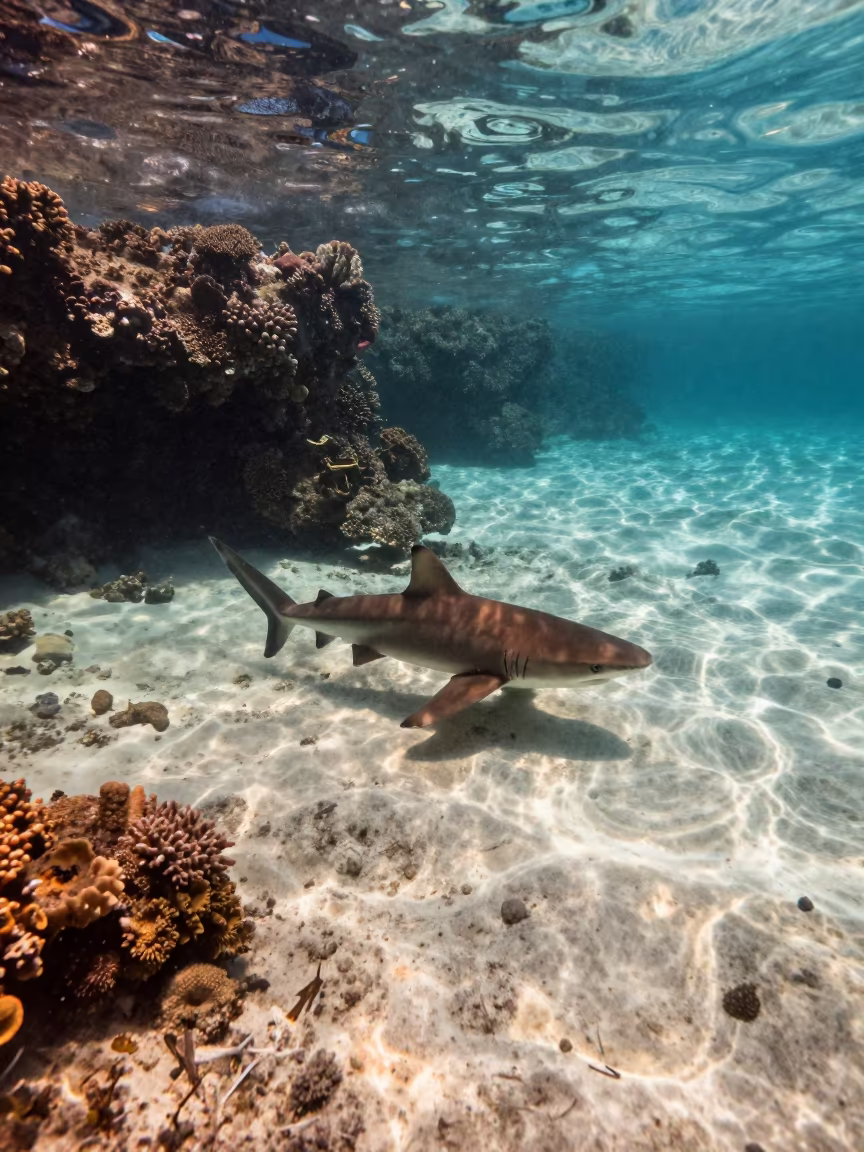 Blacktip Reef Shark on Zanzibar Coral Flats in beside a volcanic reef overhang near Zanzibar