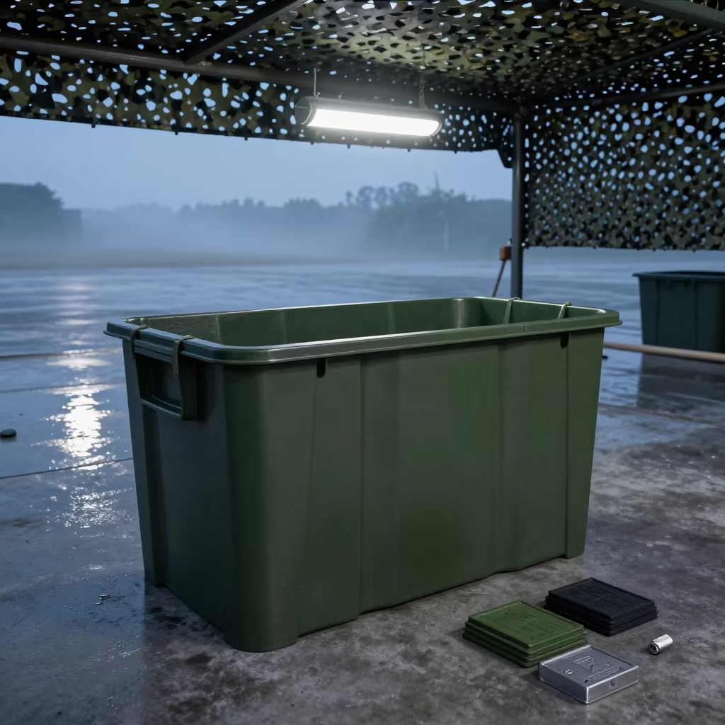 Blank Fire Adapter Bin in Guiyang Motor Pool in beneath a camouflage net shelter in Guiyang