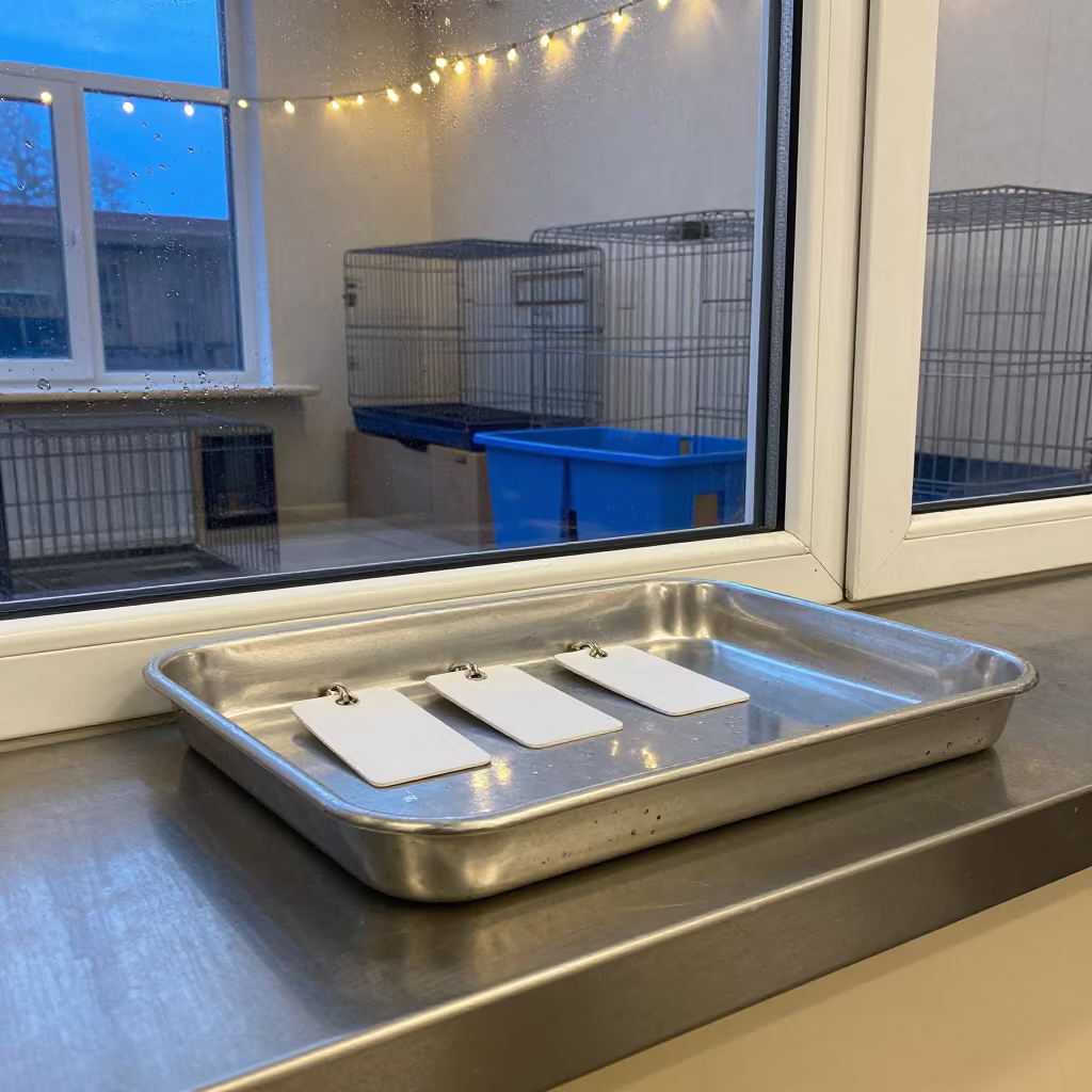 Blank Leash Tag Tray in Evening Adoption Room in inside an adoption room near Karaganda