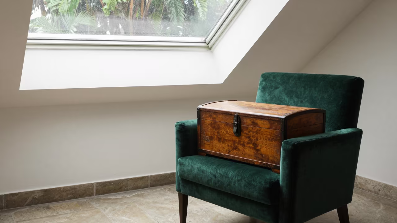 Weathered Blanket Chest on Velvet Chair Chennai in on a velvet chair in Chennai