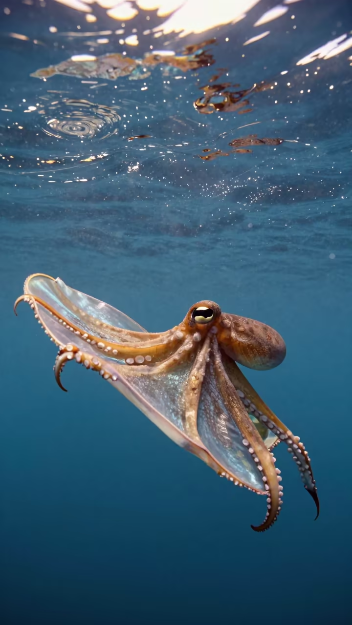 Blanket Octopus Trailing Iridescent Membrane in Clear Monsoon Water in near Mumbai