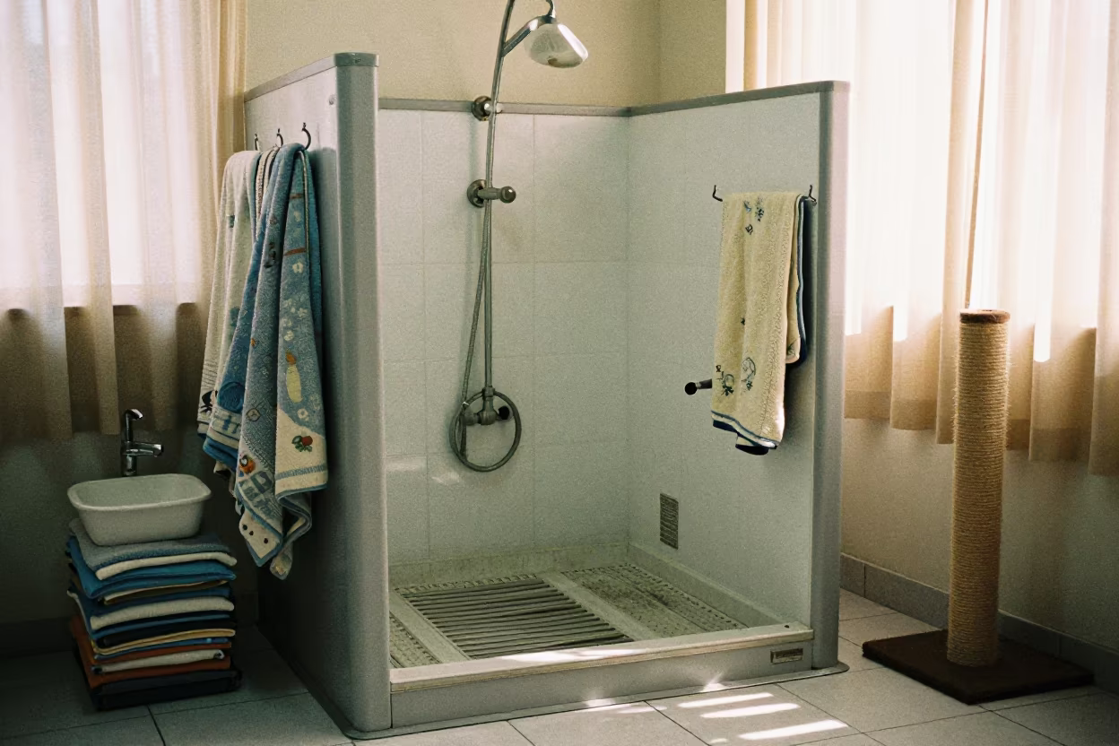 Blanket Stacks Air on Hooks at Dog Wash in at a self-serve dog wash station in Maputo