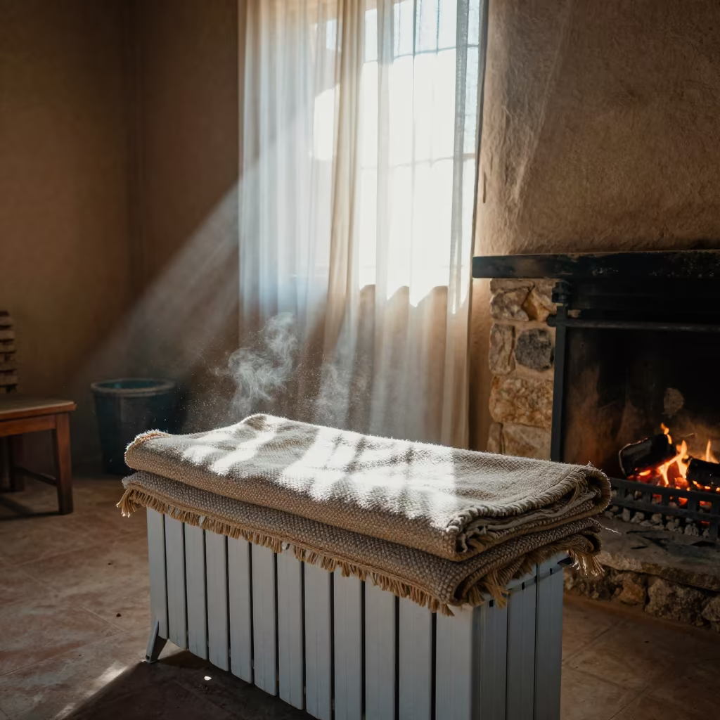 Blanket Warming on Radiator Noon Light M'Bour in by a crackling fireplace near M'Bour