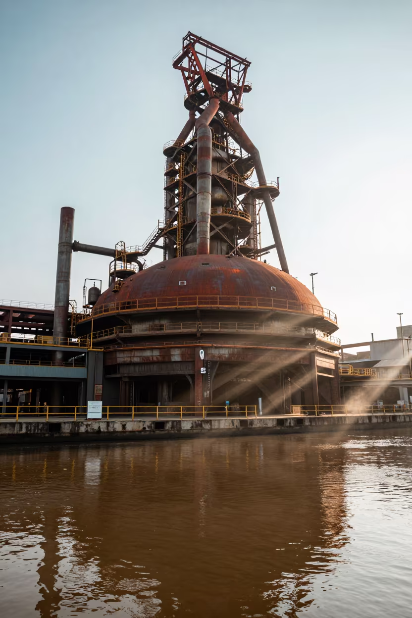 Blast Furnace and Canal Reflections in Cartagena in beside a blast furnace near Bazurto Market, Cartagena