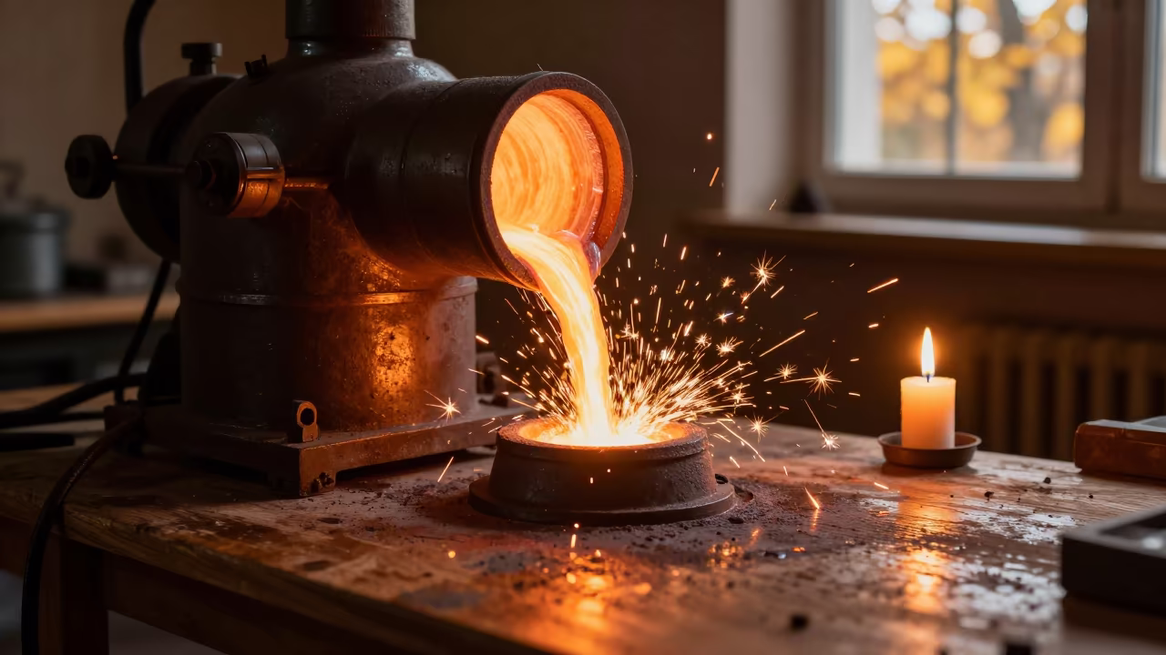 Blast Furnace Sparks on Wooden Workbench in on a wooden workbench in Kielce