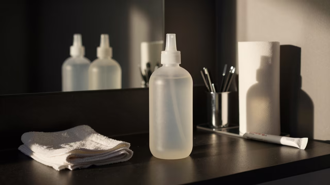 Bleach bottle on dark counter before dawn in inside a nail studio in Cochabamba