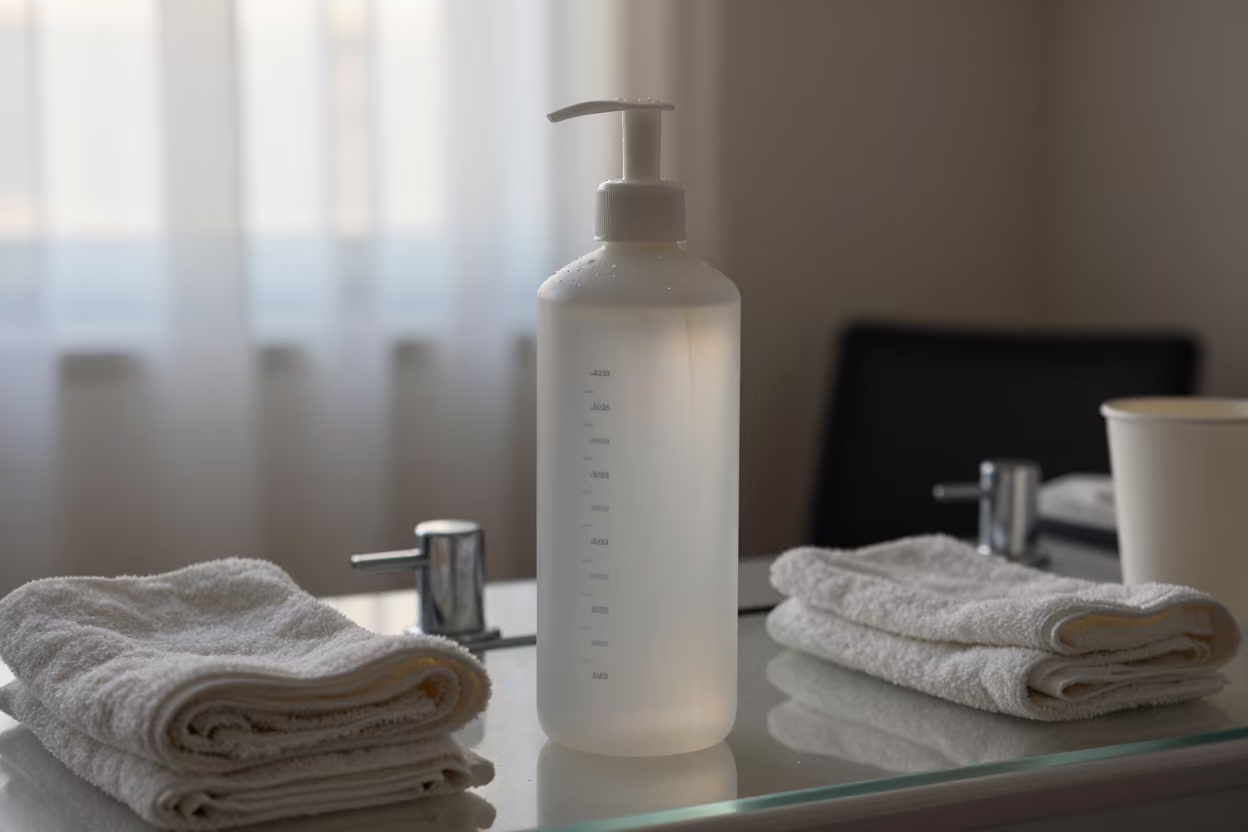 Bleach Dilution Bottle on Salon Counter in at a salon reception counter in Minya