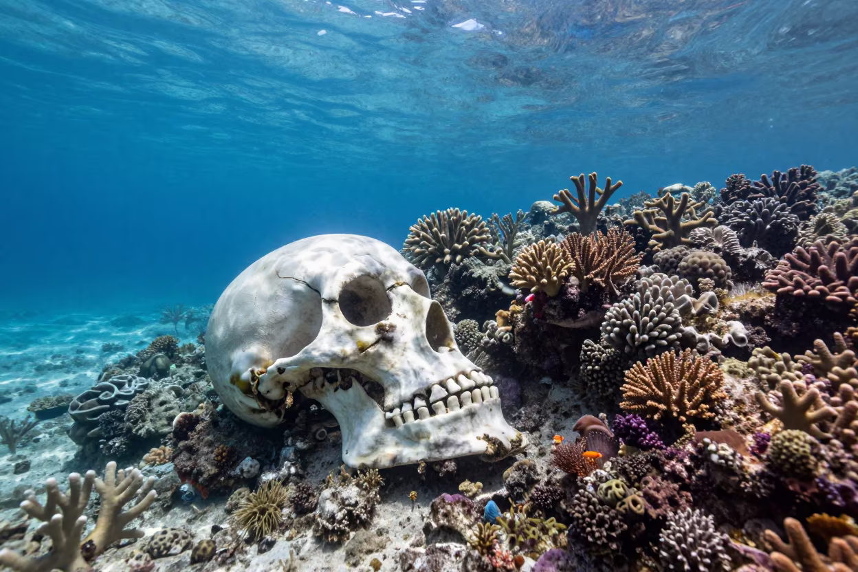 Bleached Coral Skeleton Beside Healthy Reef in along a coral wall with blue water beyond near Denpasar