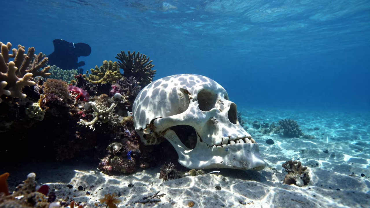 Bleached Coral Skeleton Against Healthy Reef Belize in along a coral wall with blue water beyond near Belize City