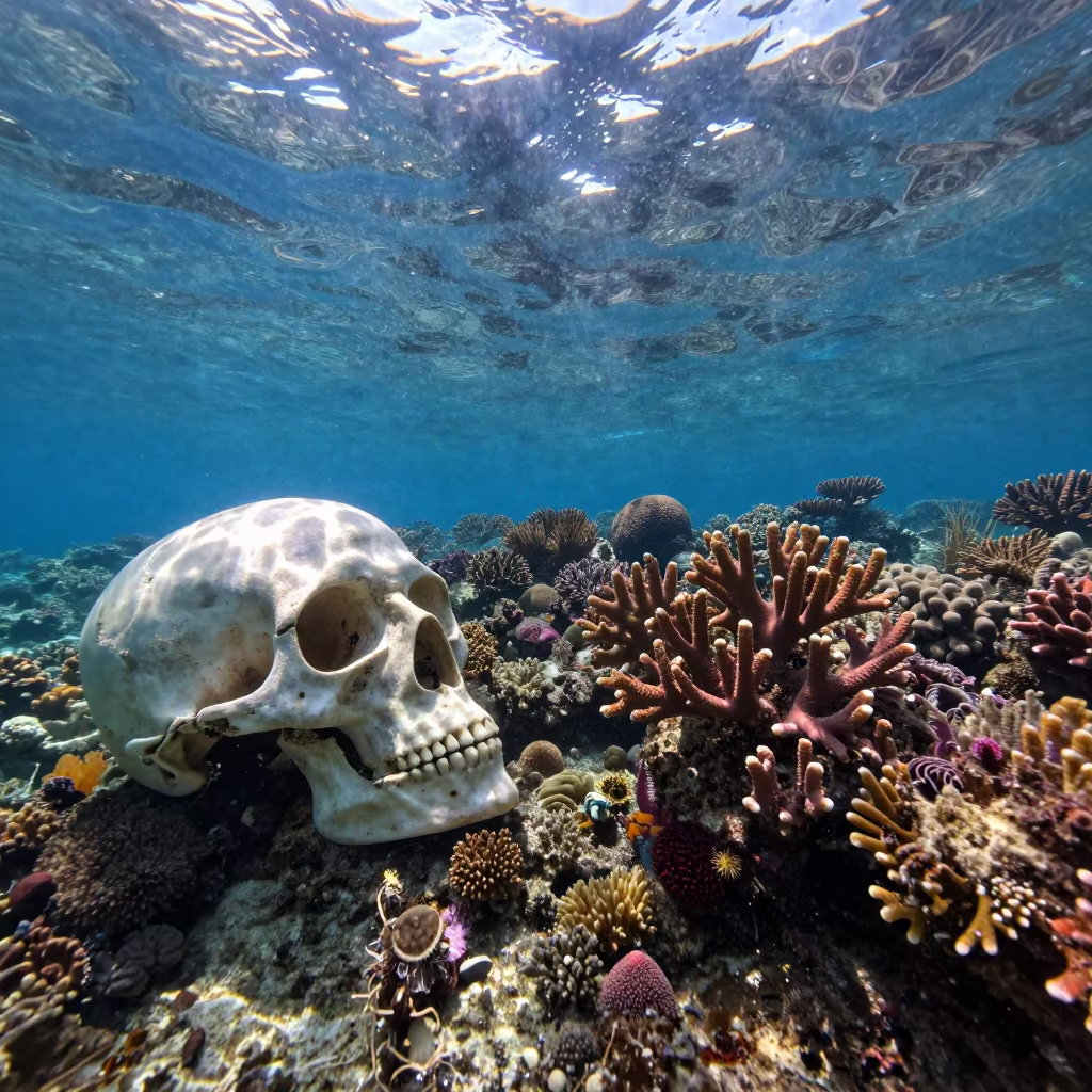 Bleached Coral Skeleton Beside Healthy Reef in along a coral wall with blue water beyond near Denpasar