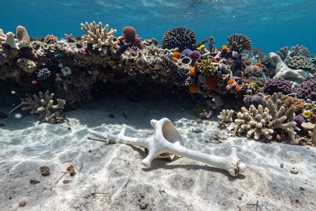Bleached Coral Skeleton Near Healthy Reef Ledge in beneath a reef ledge in tropical shallows near Cairns