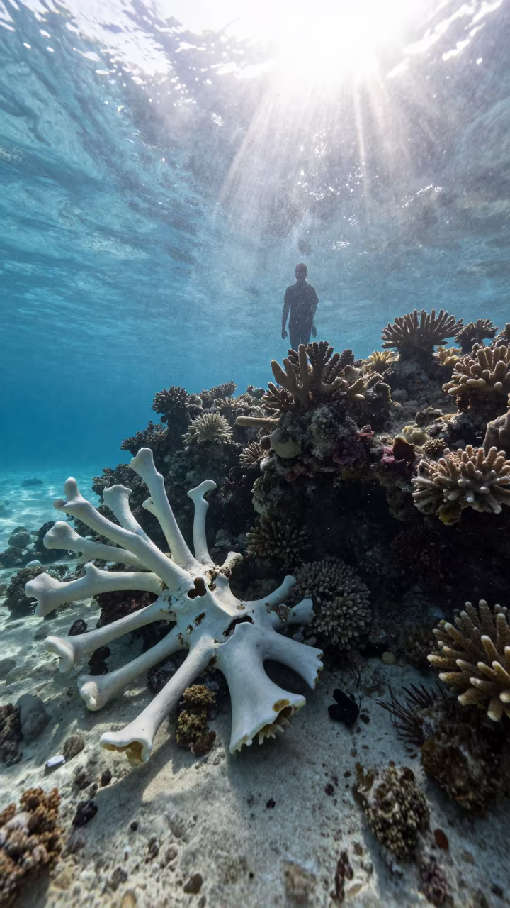 Bleached Coral Skeleton Against Healthy Reef in beside a reef crevice under clear water near Zanzibar