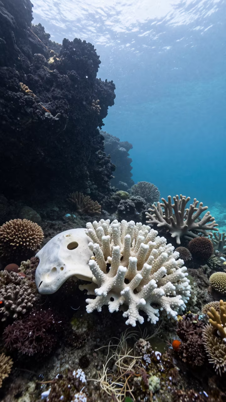 Bleached Coral Skeleton Near Volcanic Reef Overhang in beside a volcanic reef overhang near Cairns