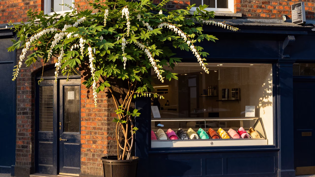 Bleeding Heart Vine and Gelato Shop Window in Dublin at Sunset in in Dublin, Ireland