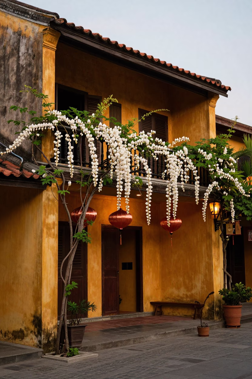 Bleeding Heart Vine Blooming Over Hoi An Lantern Street Before Dusk in in Hoi An, Vietnam