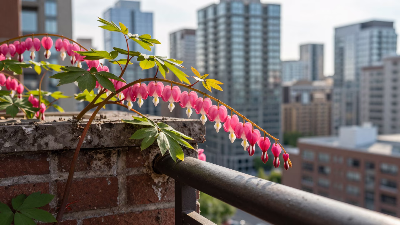Bleeding Heart Vine Dripping Pink Flowers on Toronto Balcony in Late Morning Light in in Toronto, Ontario, Canada