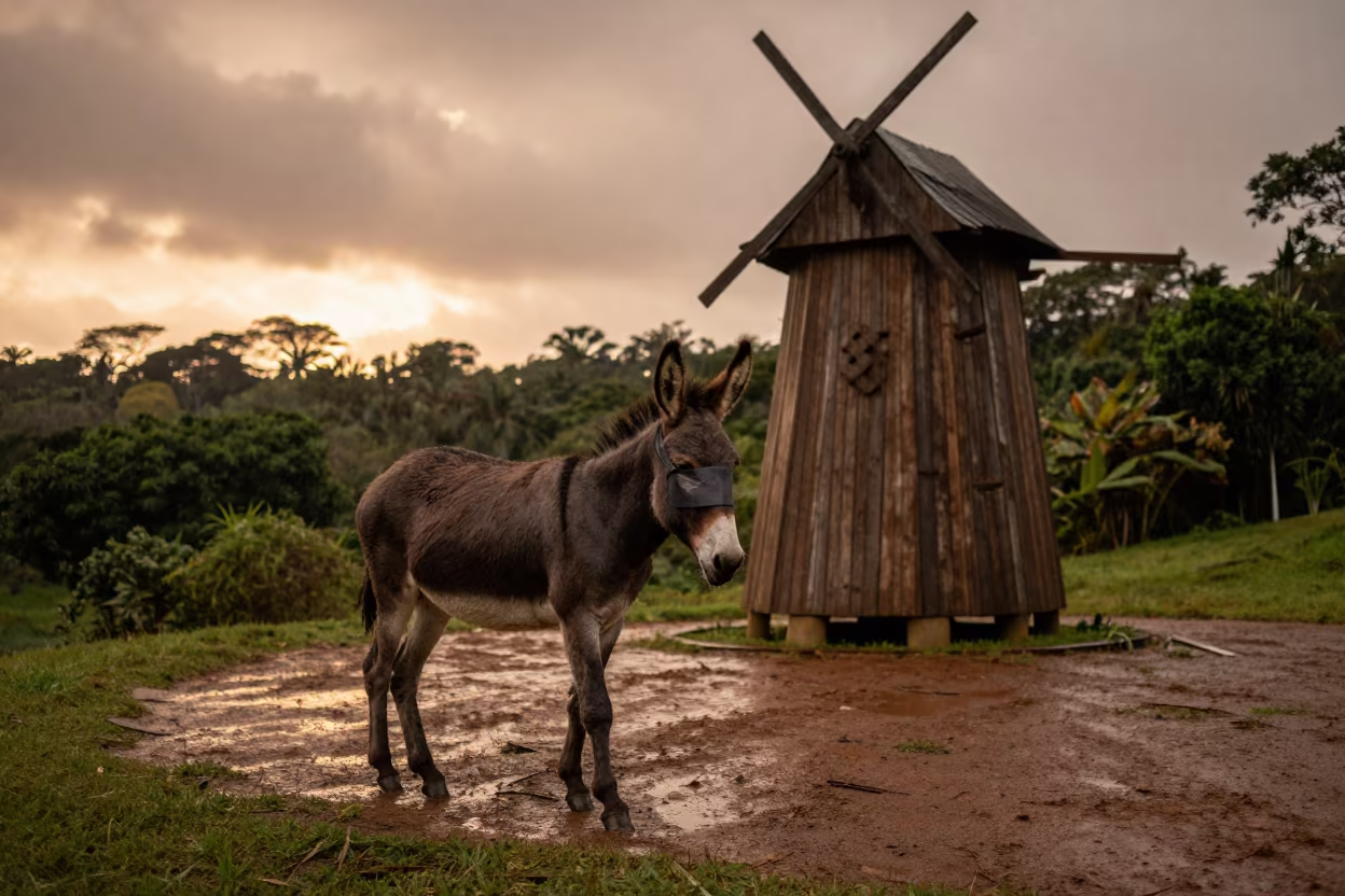 Blindfolded Mule Circling Mill at Sunset in along a game trail in Rio de Janeiro state