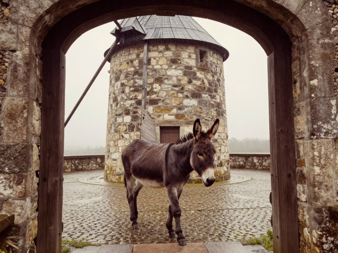 Blindfolded Mule Circling Stone Mill in French Drizzle in in France