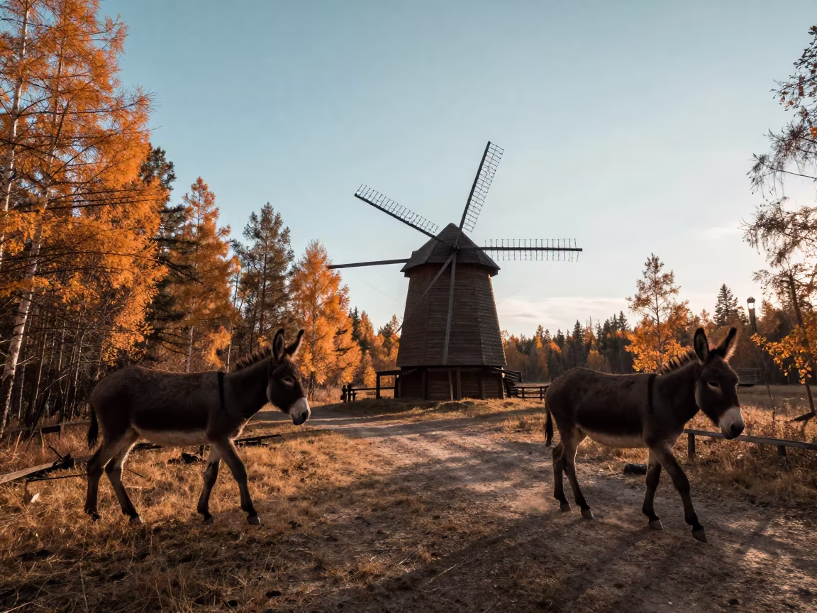 Blindfolded Mule Mill Silhouette Golden Hour in along a game trail in the Urals