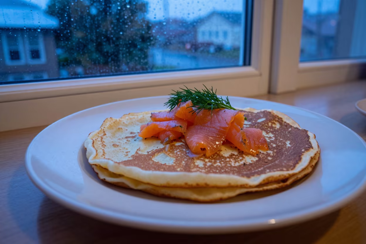 Blini with Salmon and Dill by Window in on a ceramic plate by a window in Bridgetown