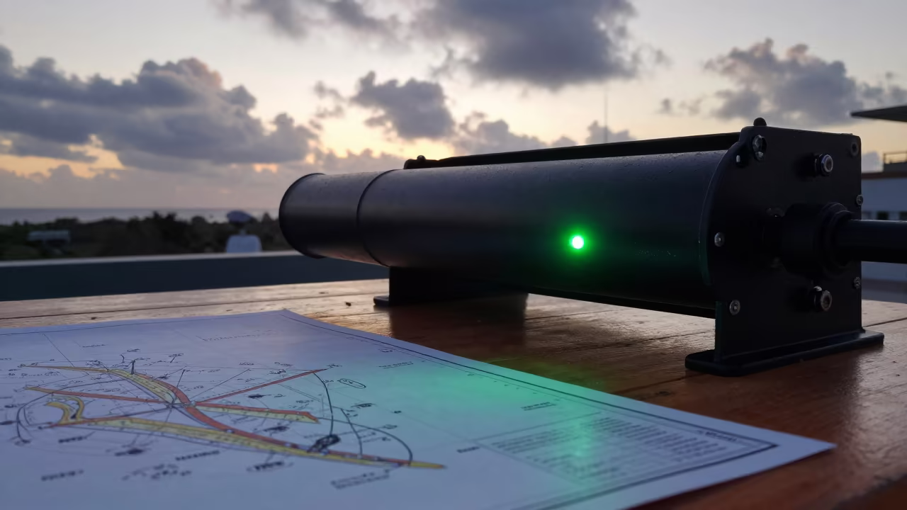 Blinking Green Hydrophone on Chart Table in near Port of Spain