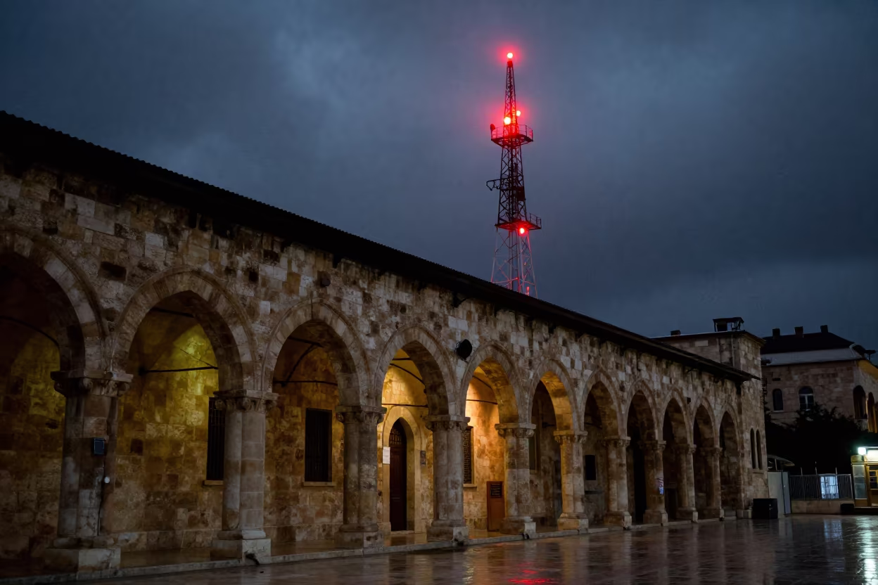 Blinking Radio Tower Night Jerusalem in along a colonnaded facade in Armenian Quarter, Jerusalem