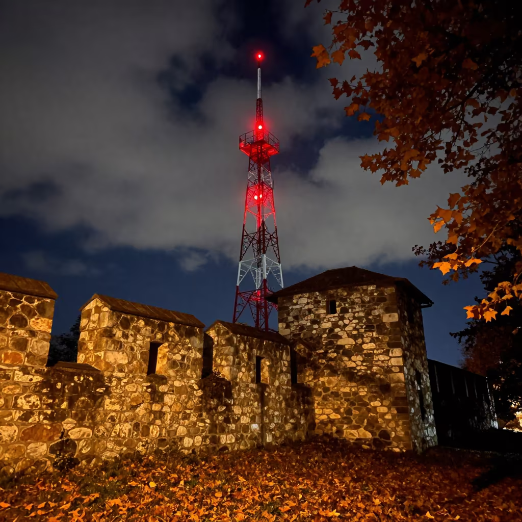 Blinking Radio Tower Night Romania in outside a wind-scoured fortress wall in Romania