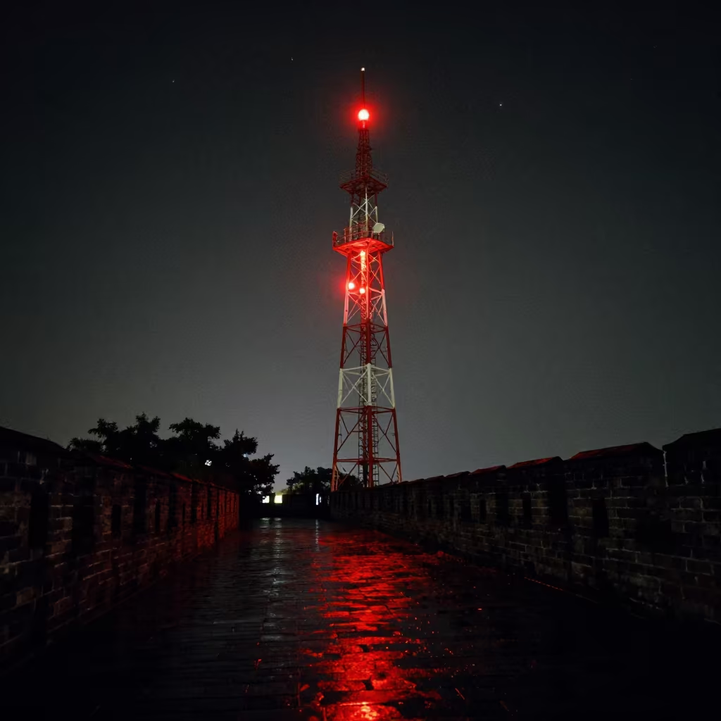 Blinking Radio Tower Night Shenzhen Fortress Wall in outside a wind-scoured fortress wall near Shenzhen