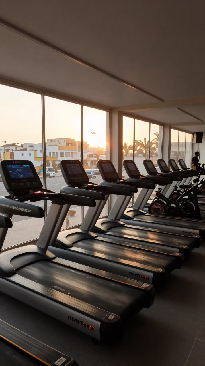Blinking Treadmill Consoles in Fez Gym in inside a spin studio under class lights in Fez
