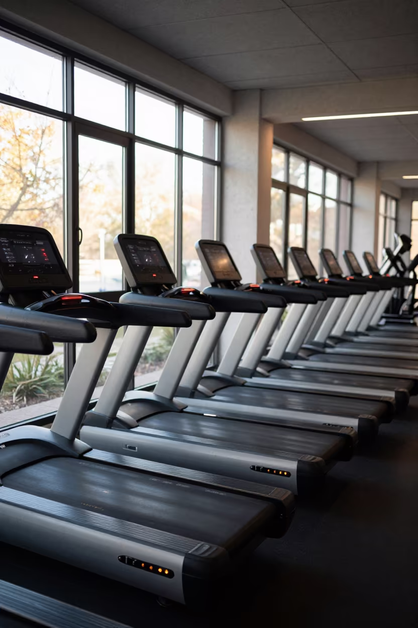 Blinking Treadmill Consoles Low Angle Gym in inside a spin studio under class lights near Xiamen