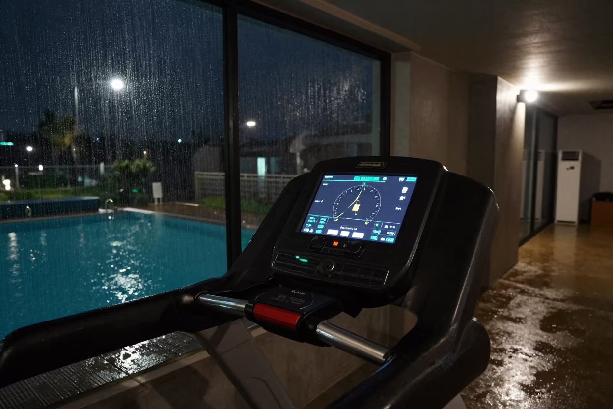 Blinking Treadmill Consoles on Pool Deck in on an indoor lap-pool deck before open swim near Biskra