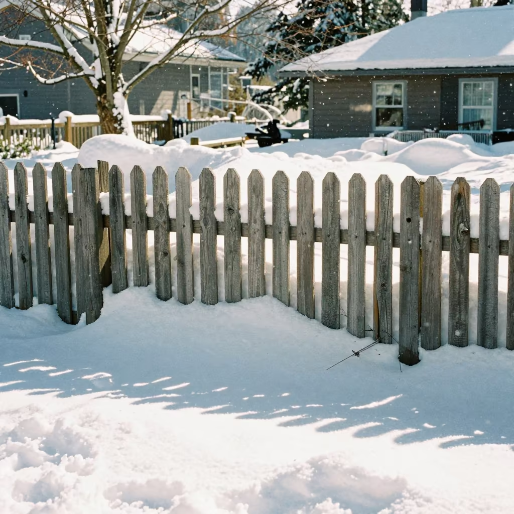 Blizzard Burying Wooden Fence in Winter Snow in near Strathcona, Vancouver