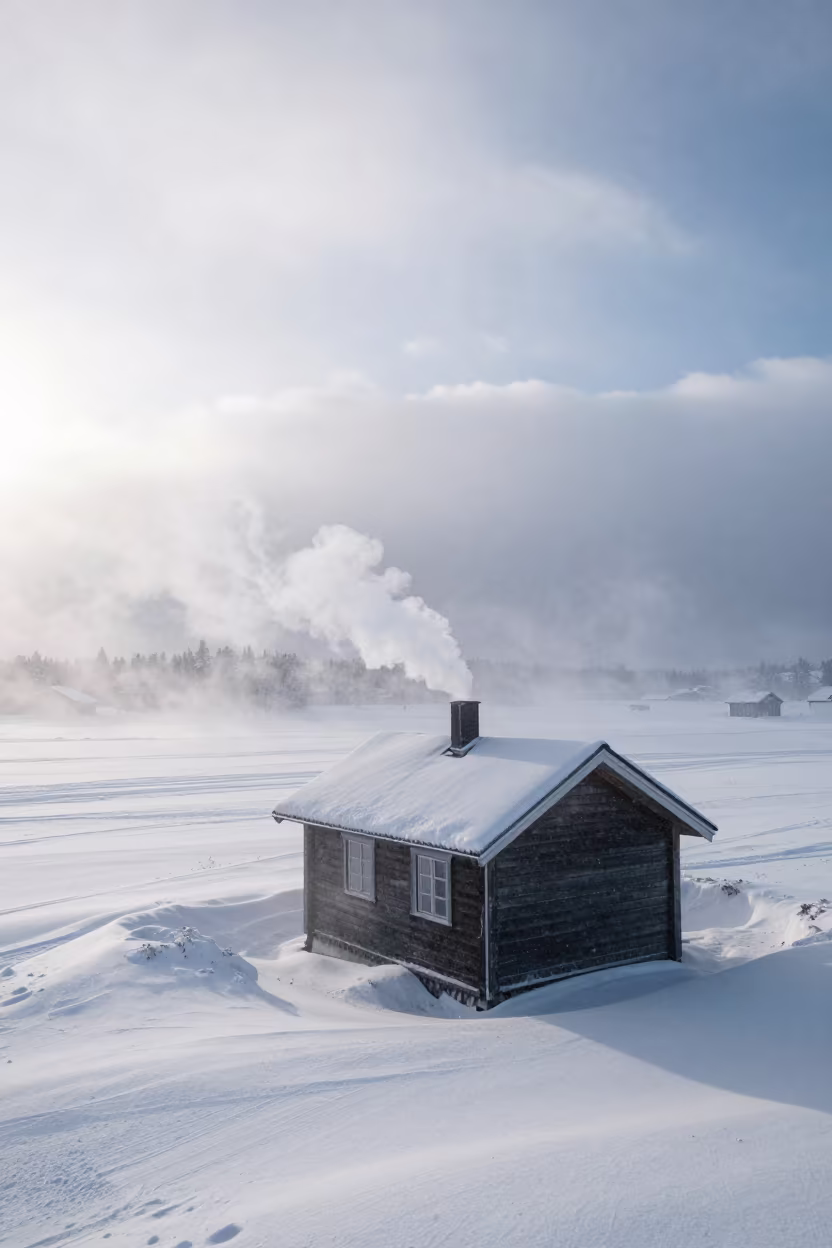 Blizzard Engulfing Remote Cabin Near Helsinki in over a horizon of stacked thunderheads near Helsinki