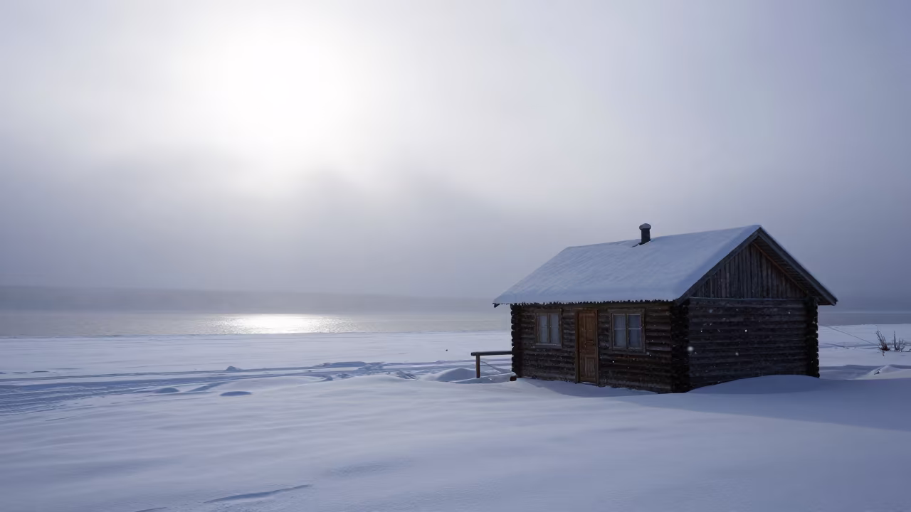Blizzard Silhouette Remote Cabin Northwest Territories Winter in across a storm-bright plain in Northwest Territories