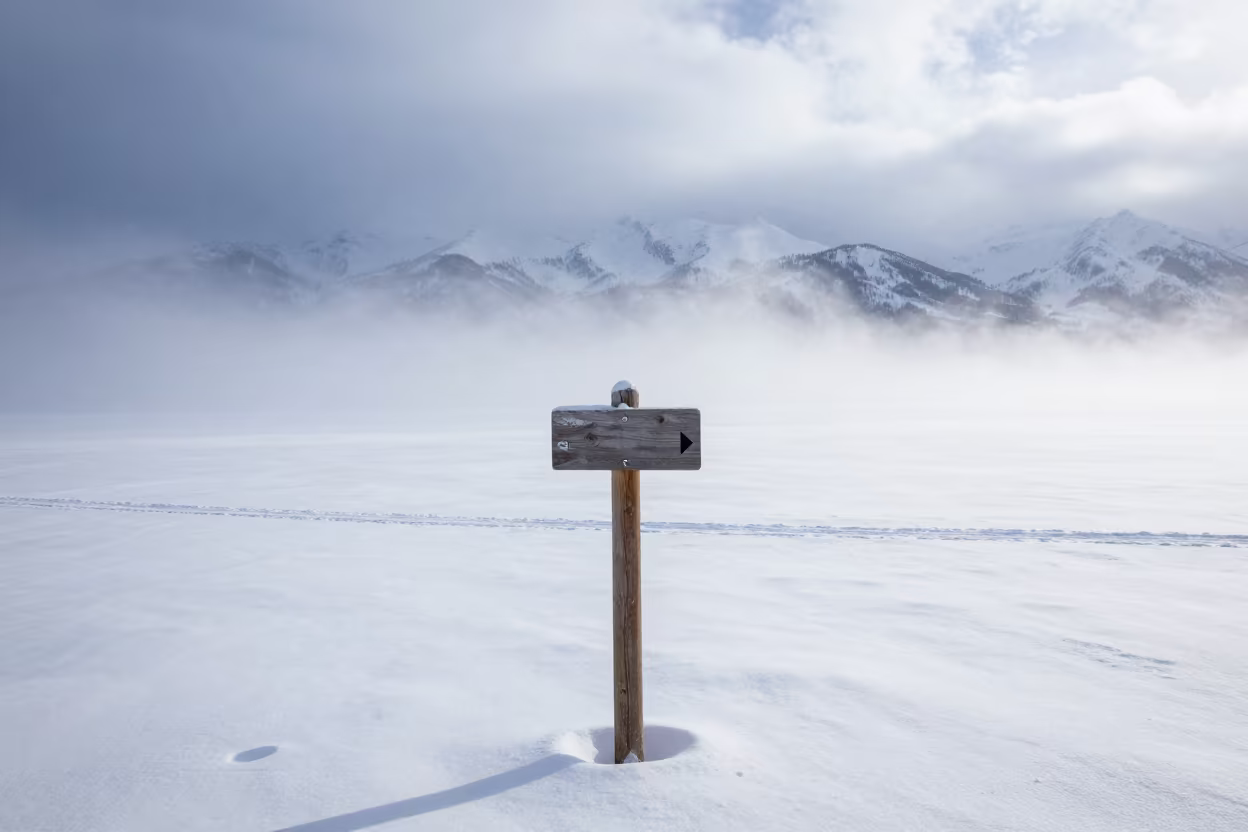 Blizzard Swallows Trail Marker in Alberta Storm in over a horizon of stacked thunderheads in Alberta