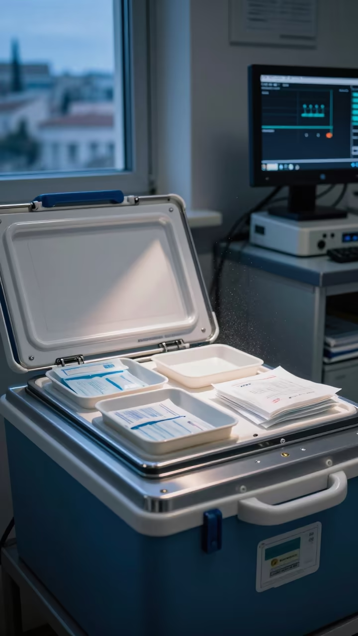 Blood Bank Seal Board Under Dim Window Light in at a nurse station under monitor glow in Marseille