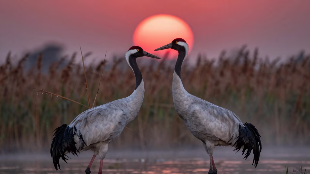Blood Moon Above Cranes in Kinshasa Reed Bed in at the edge of a reed bed near Kinshasa