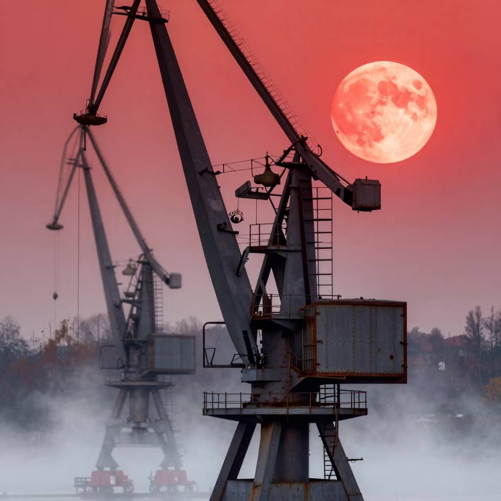 Blood Moon Cranes Poland Autumn Mist in in Poland