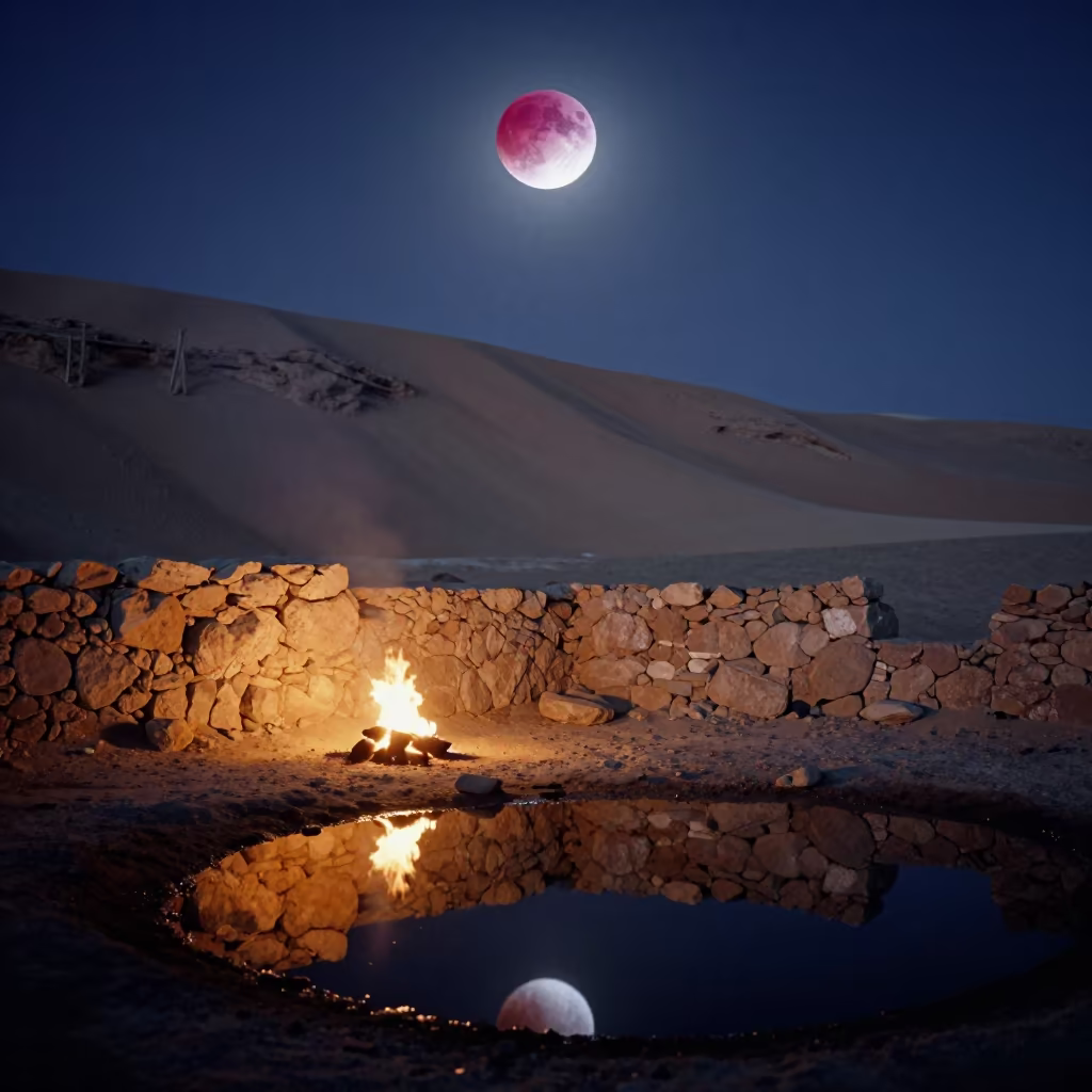 Blood Moon Eclipse Over Sana'a Desert Escarpment in beneath a wind-cut desert escarpment near Sana'a